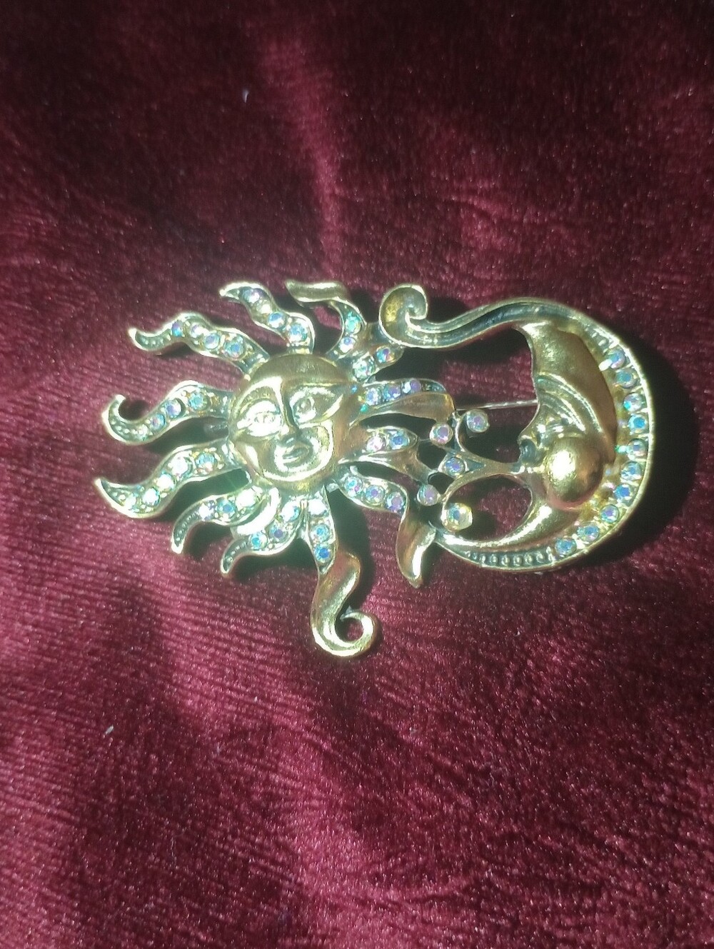 Gold Tone Sun and Moon Crystal Brooch